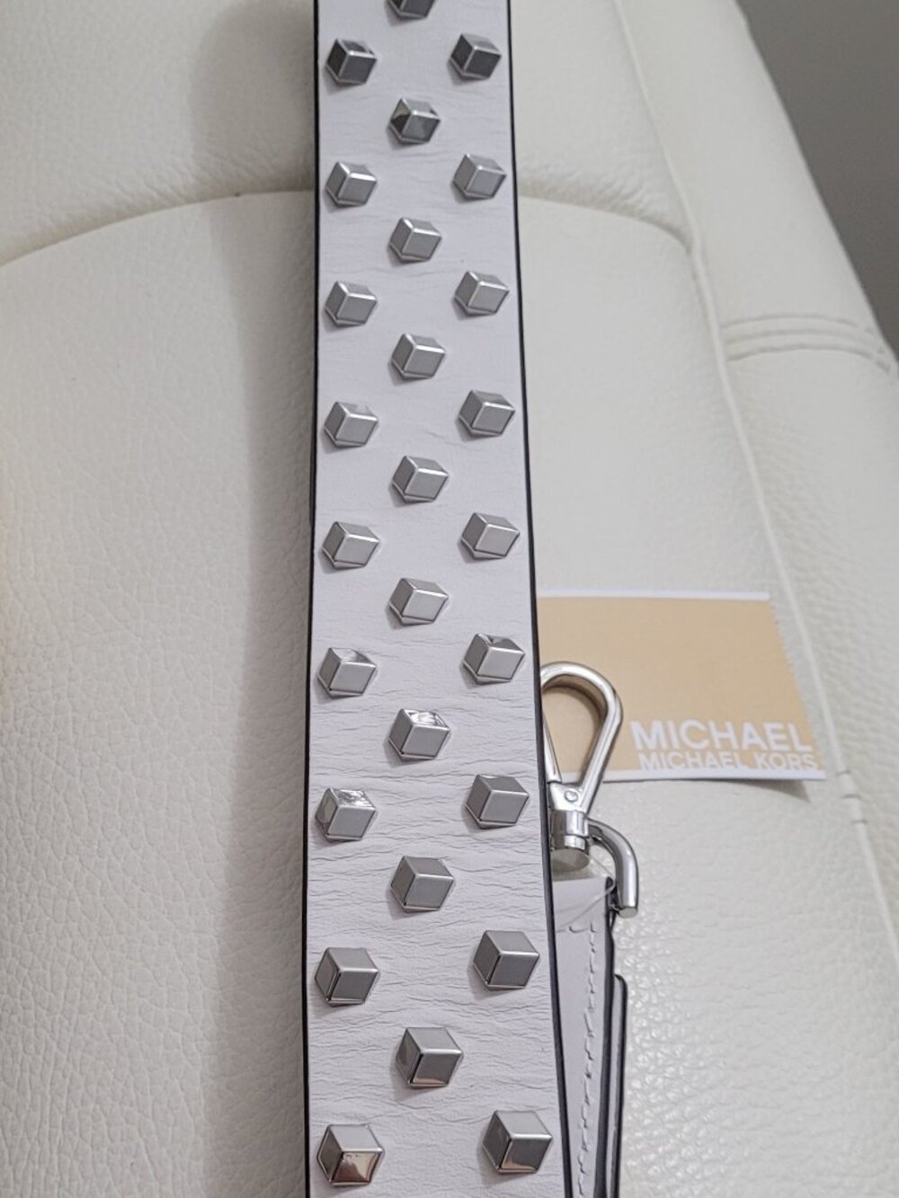 Micheal Kors 3D Studded White & Silver Leather Crossbody Shoulder Strap for Bags